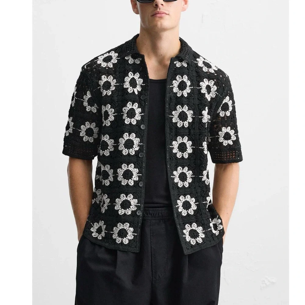 Zara men geometric crochet shirt NWT